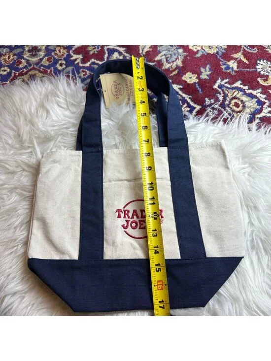 NWT Trader Joes Navy Blue Mini Canvas Tote Bag Reusable Ecofriendly Market 866 - Picture 3 of 9